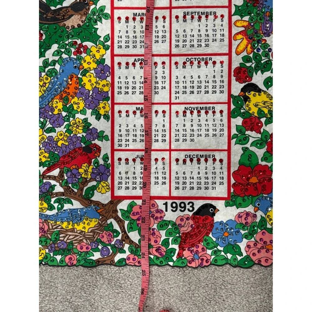 1993‎ Bird Wall Calendar Felt Appliques Glitter Rhinestone Vintage Retro Decor